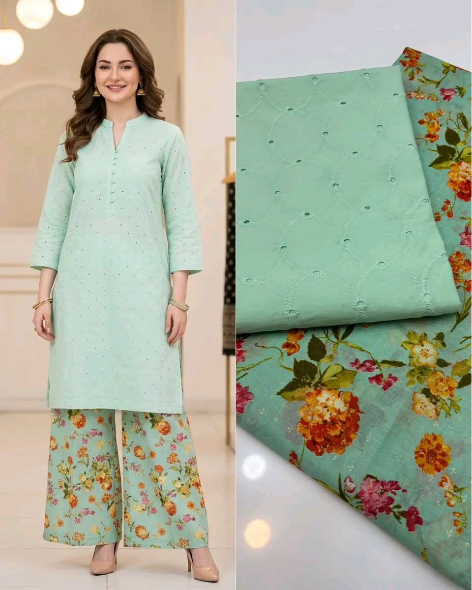 Chikankari Shirt With Printed Trouser 2pc Lawn Suit