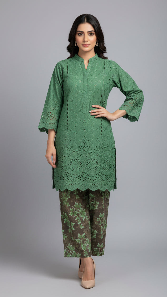 Chikankari Shirt With Printed Trouser 2pc Lawn Suit
