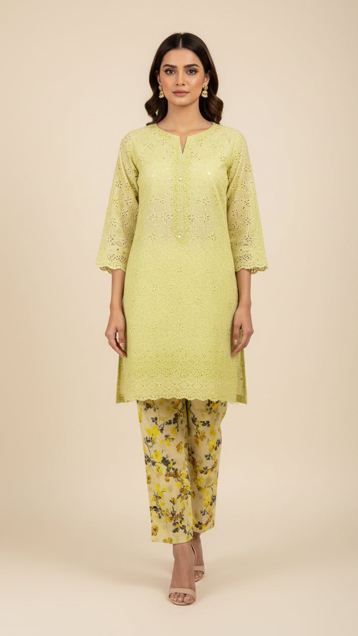 Chikankari Shirt With Printed Trouser 2pc Lawn Suit