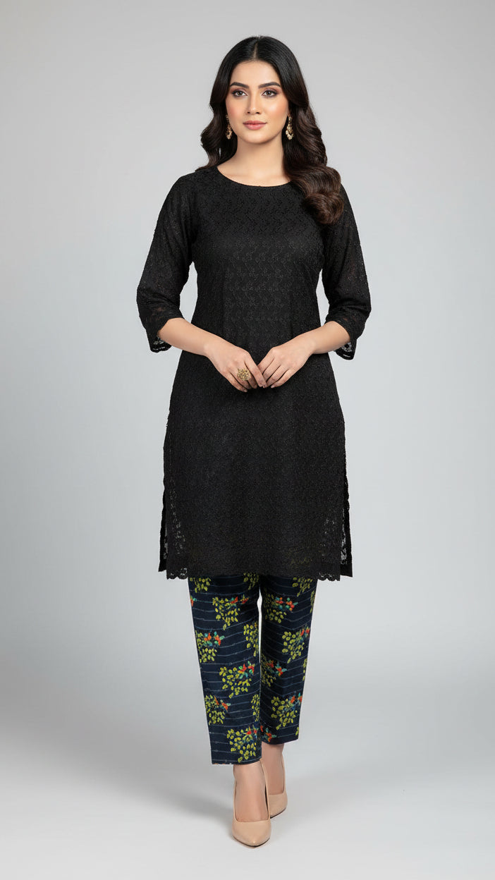Chikankari Shirt With Printed Trouser 2pc Lawn Suit